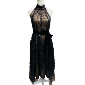 Alex Marie NWT Petite Joelle Black Mesh/Lace Embroidered Halter Dress 4 Petite